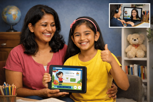 Roshani and her daughter using SpeakUP Jr — online English for kids in Sri Lanka